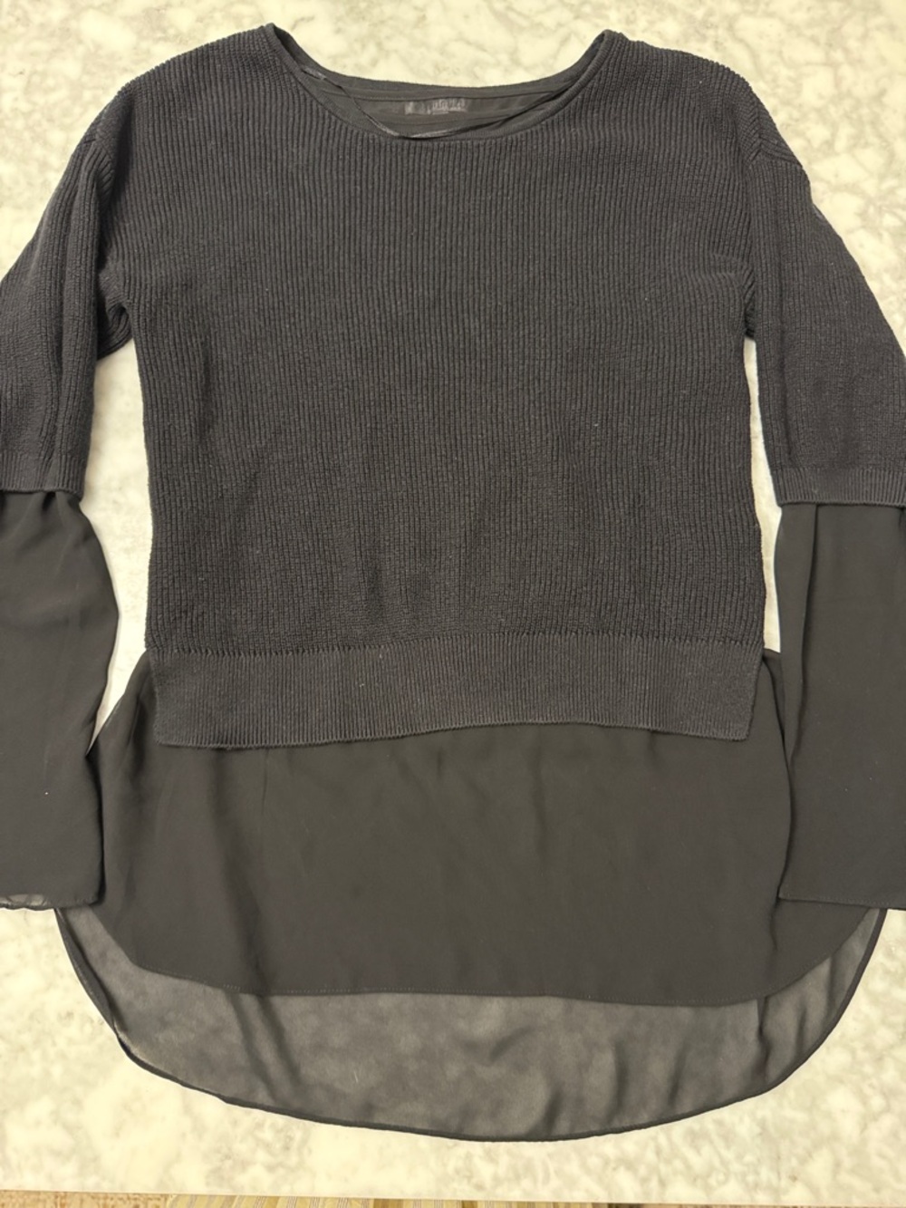 Jennifer Lopez Charcoal Layered Knit & Chiffon Long Sleeve Top